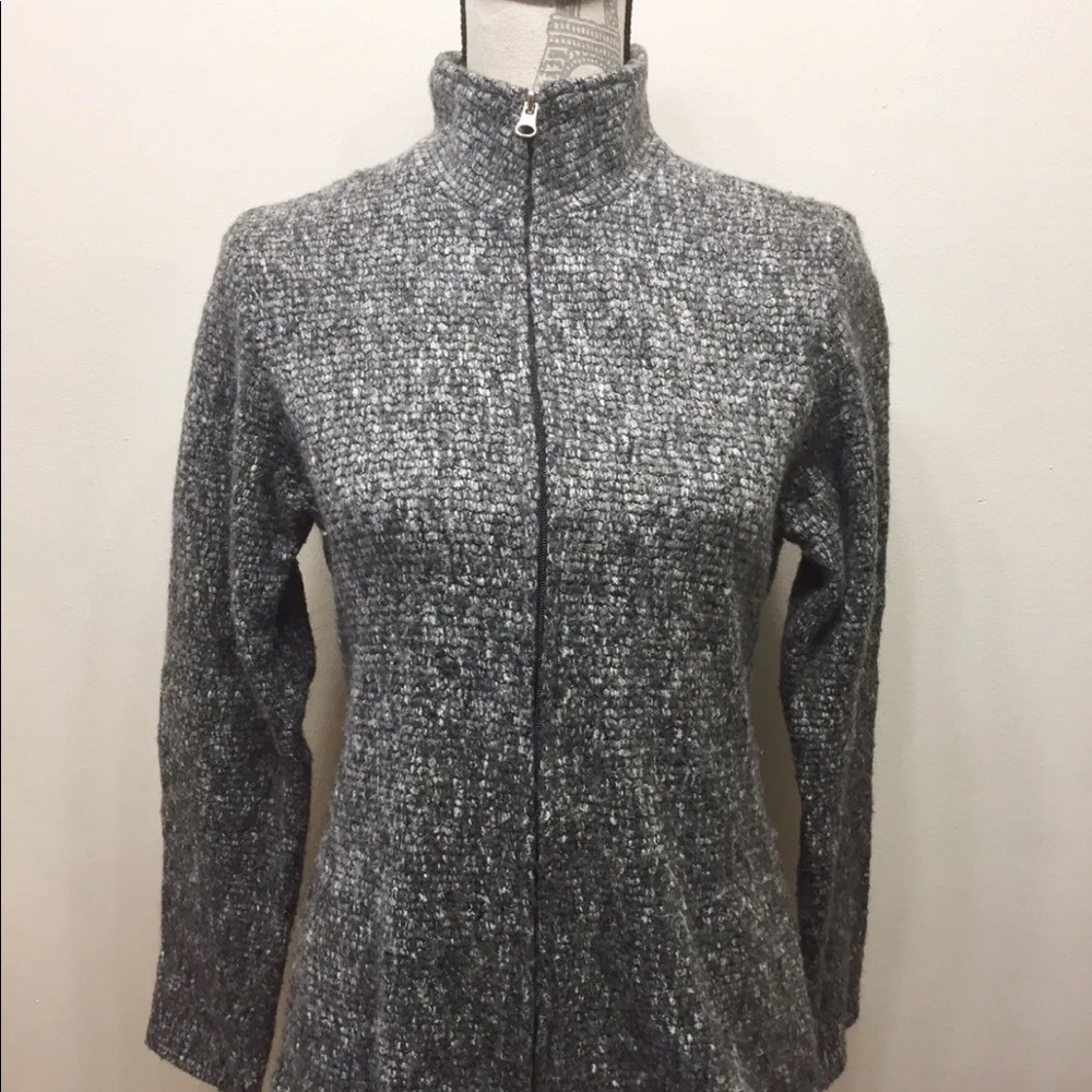 Women’s Wool Zip- Up Sweater Cardigan Tweed Grey Medium